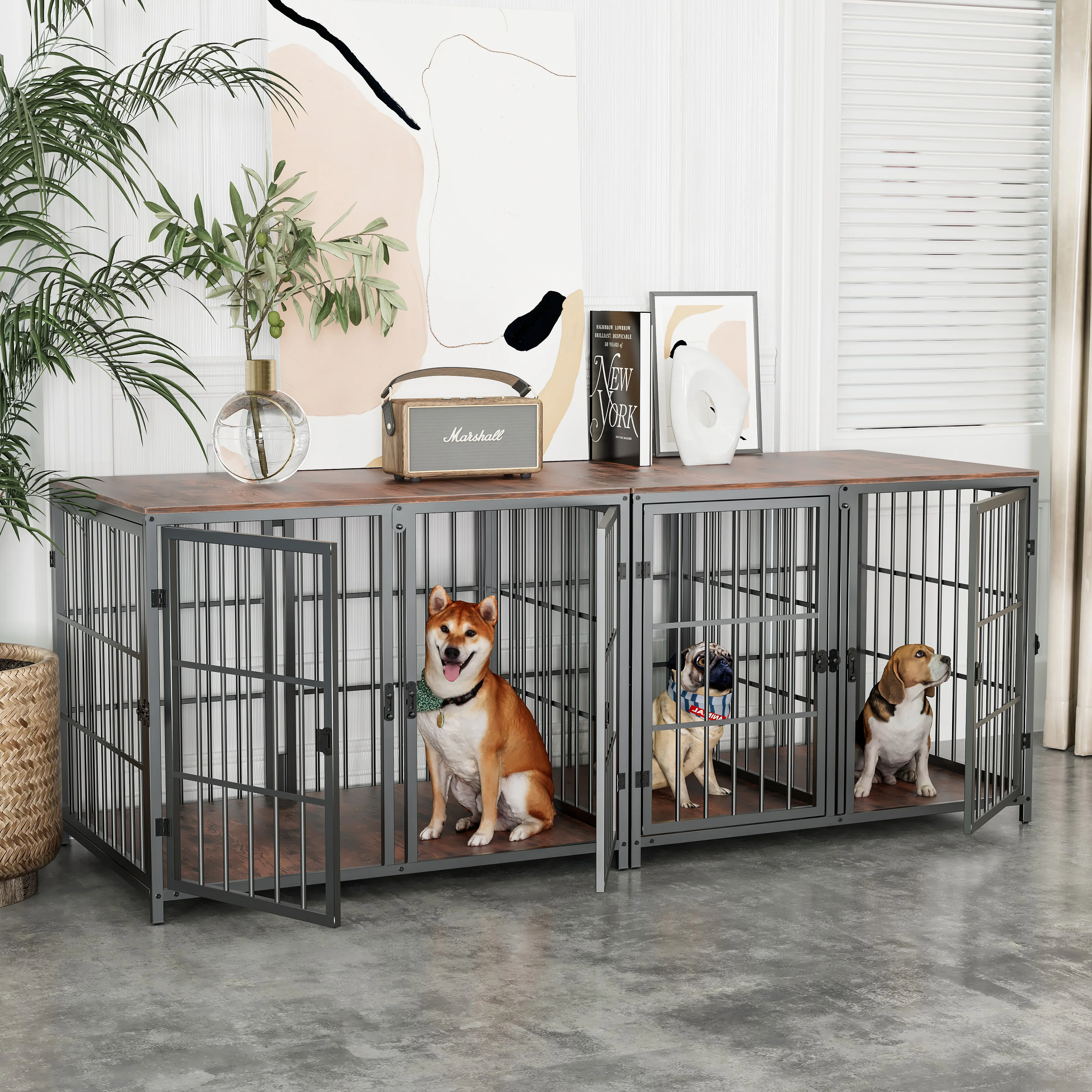 Heavy Duty Dog House End Table Furniture with Four Doors and Lock Latches Divider Wood Metal Pet Kennel Cage Crate