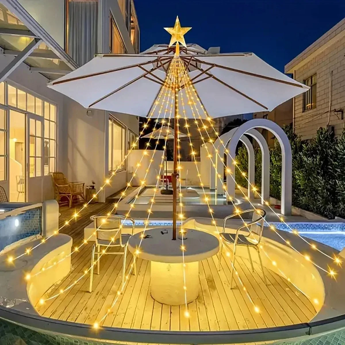 Solar LED Christmas Tree Top Ring Light Waterfall String Outdoor Waterproof Garden Patio Star Decoration