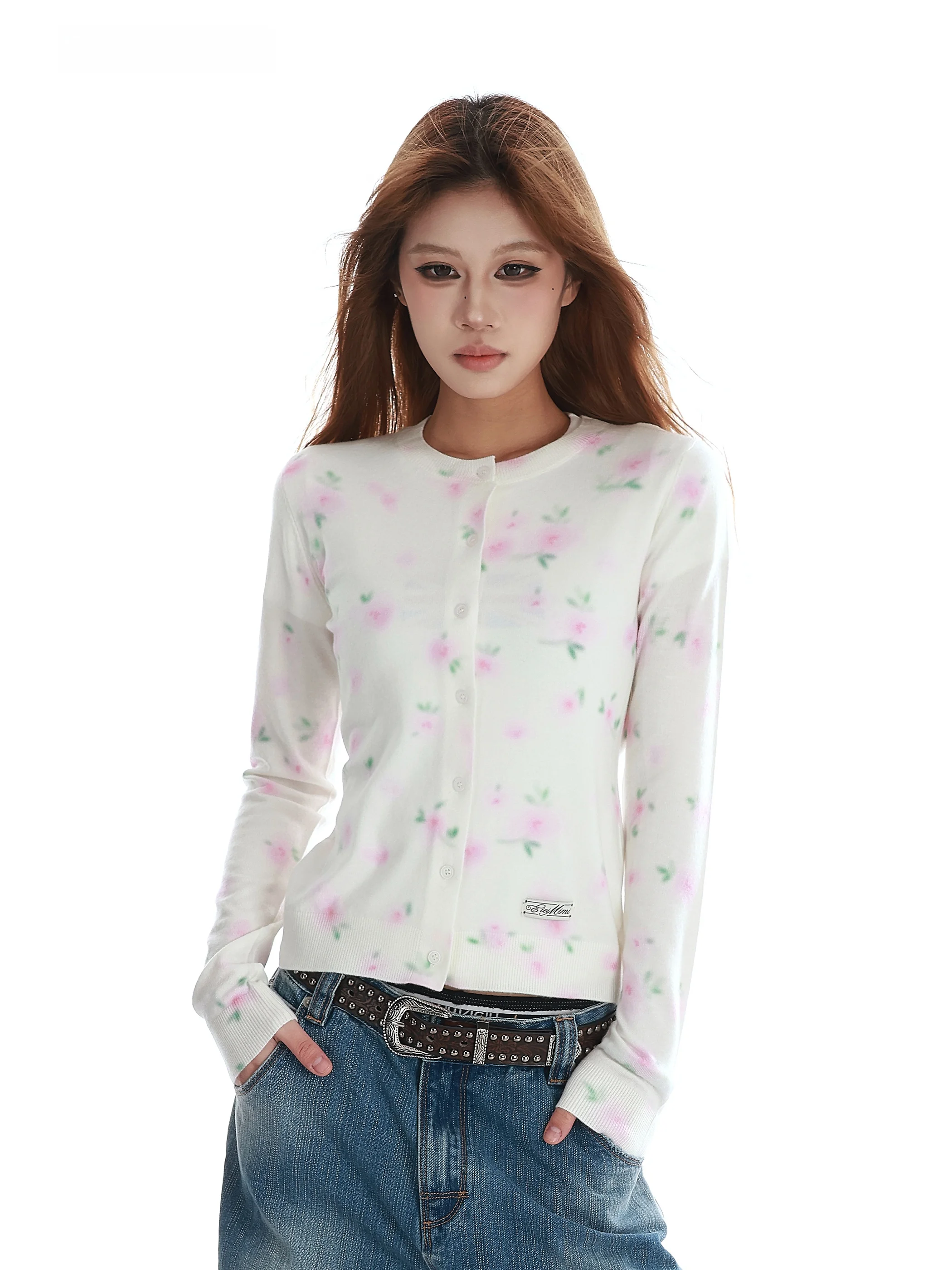 

Корейский вязаный кардиган с круглым вырезом для женщин, приталенный, укороченный, с цветочным градиентом, повседневная весенняя верхняя одежда, топ