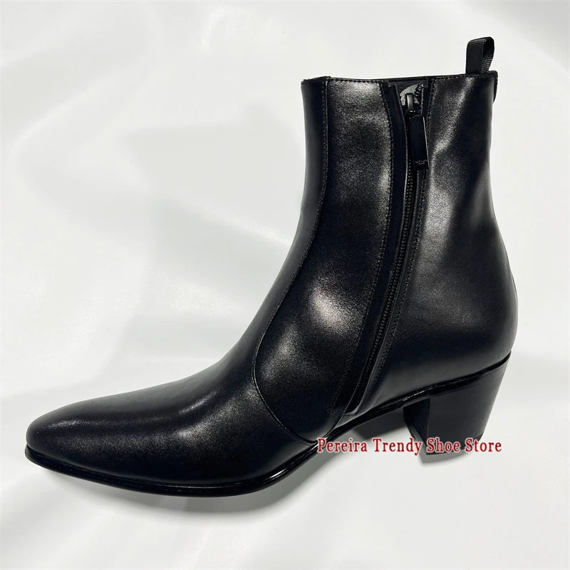 British Style Cowhide 6CM Thick Heel Chelsea Boots Black White Genuine Leather Side Zipper Short Boots Business Dress Shoes