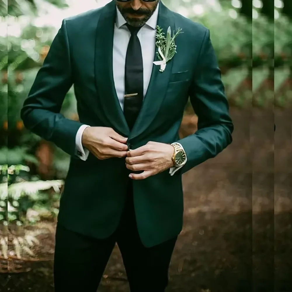 

Elegant Dark Green Shawl Lapel Suits For Men Fashion One Button Office Work Formal Party Male Tailor-Made Clothing Jacket Pants