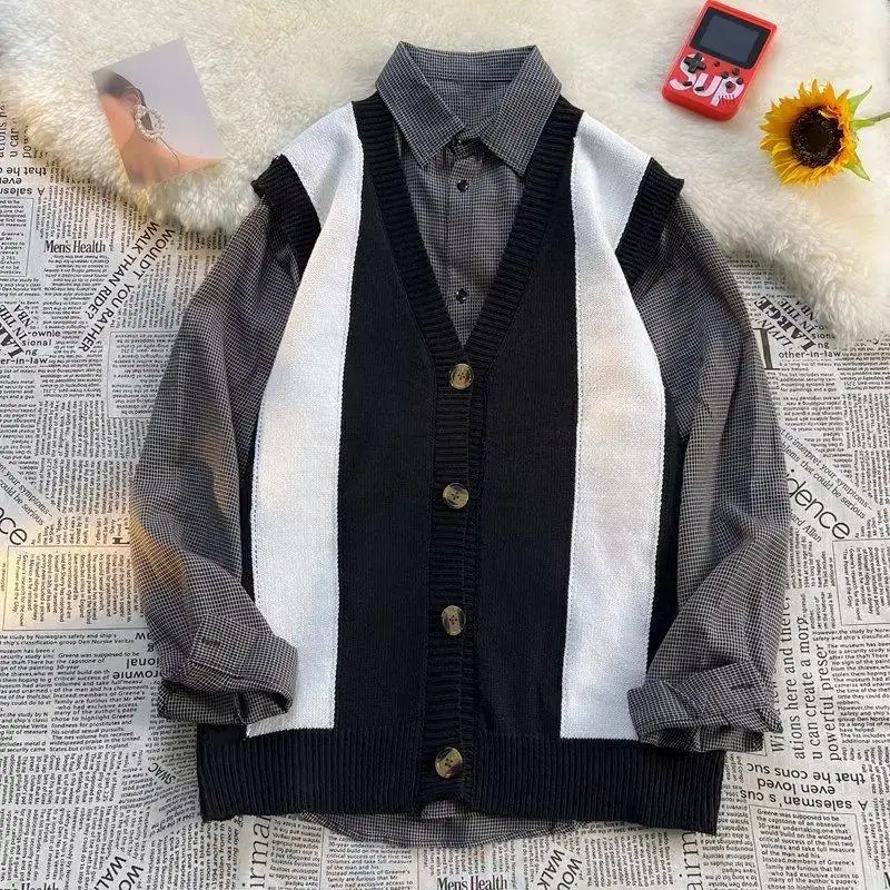 Patchwork Sweater Vest Men Trendy Simple Preppy Japanese Style Panelled Sleeveless Basic Spring Autumn Teenagers Knitwear Daily