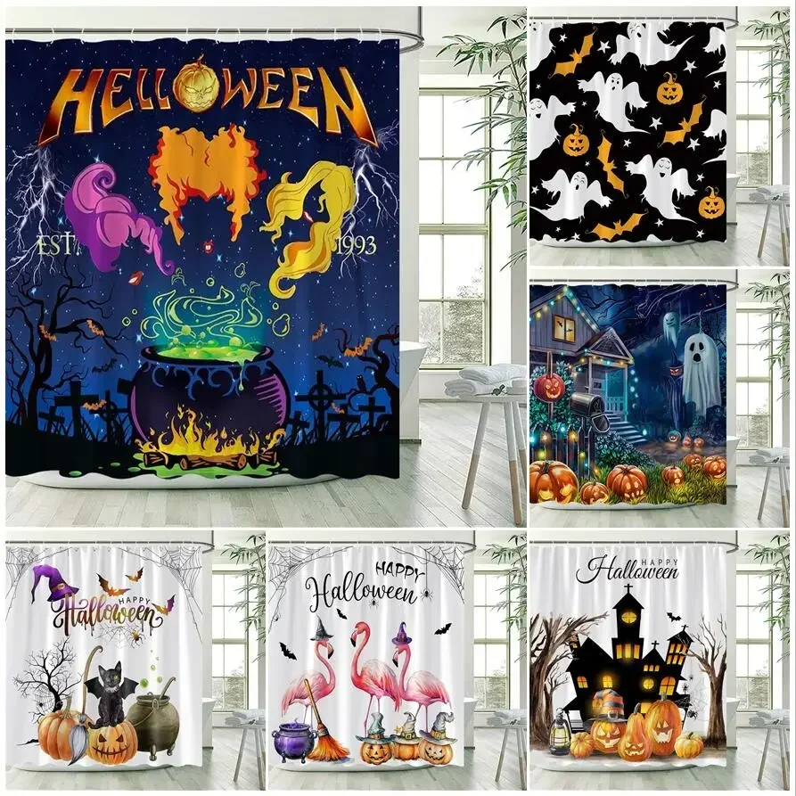 Funny Halloween Shower Curtains Cartoon Ghost Pumpkin Flamingo Black Cat Bath Curtain Waterproof Cloth Bathroom Decor with Hooks