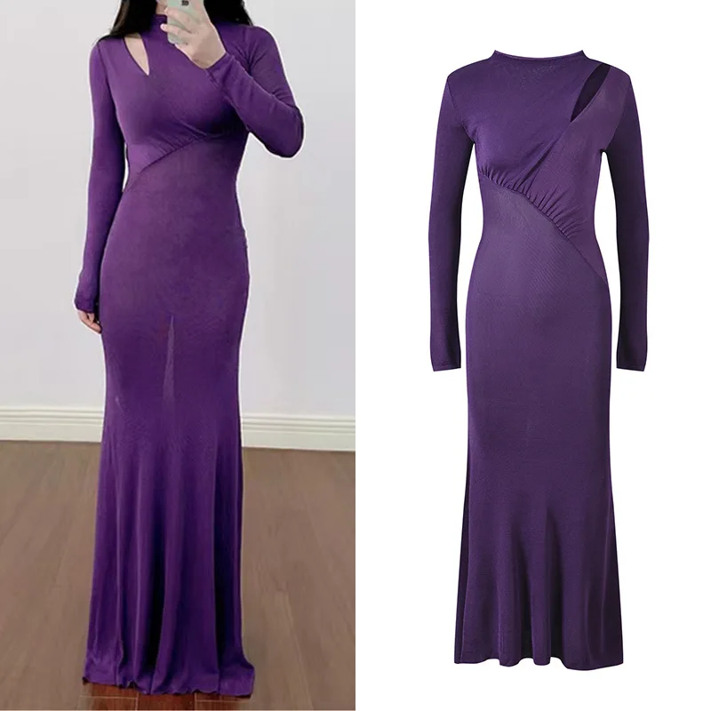 CHUJIE 2025, Frühherbst-Strickkleid im französischen Stil in Lila – Sexy figurbetontes, schmal geschnittenes, langes, elegantes Kleid, Viskose-Mischung