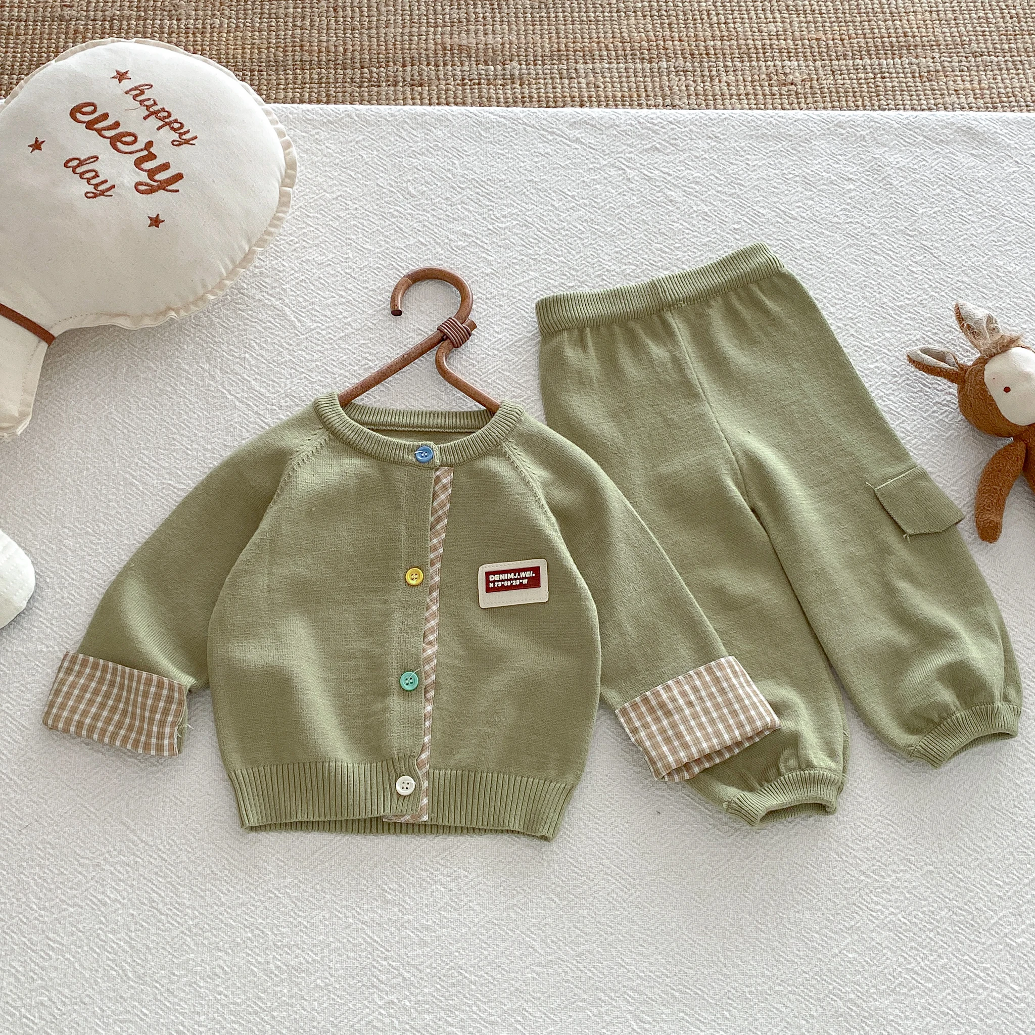 Boys' Autumn Knit Set 2026 Korean Style Trendy baby Checkered Cardigan and Workwear Pants Two-Piece Outfit