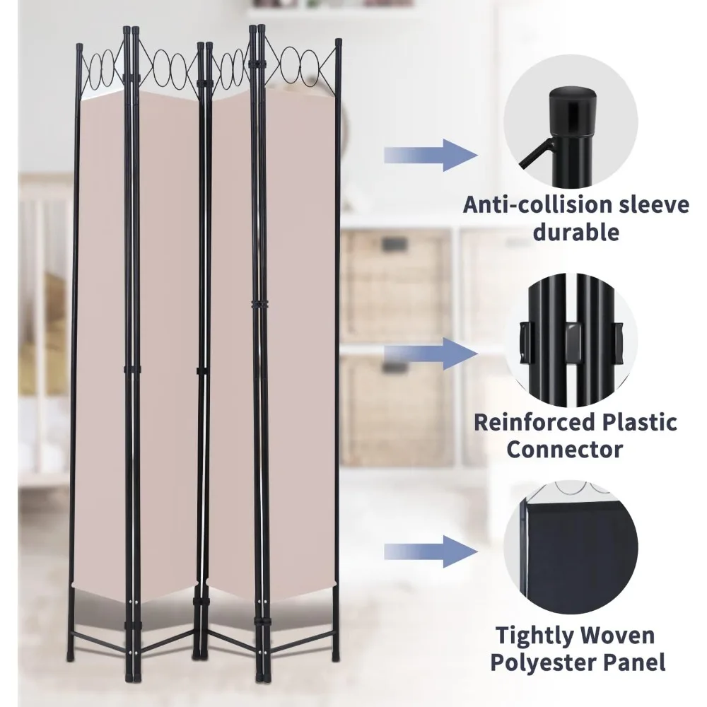 Room Divider 4 Panels Room Divider Wall Folding Privacy Screens with Steel Frame Freestanding Partition for Home Bedroom,Tan