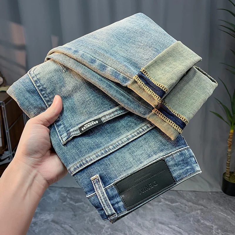 Washed Jeans Men's Spring and Autumn 2024 New Fashion Embroidery Simple Casual All-Match Slim Fit Ankle Tight Trousers