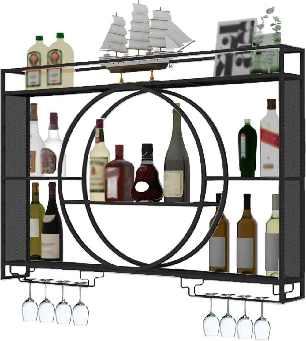 

Wall Mounted Wine Rack, Metal Large Capacity Hanging Wine Rack, 3 Layer Round Wine Rack, Wall Bar Cabinet