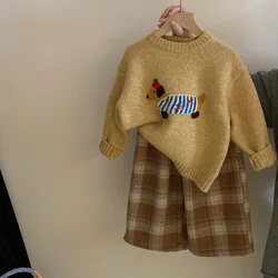 Girls' Cute Cartoon Puppies Knitted Sweater 2024 Autumn and Winter New Style Girls' Plush Plaid Pants Fashion Set