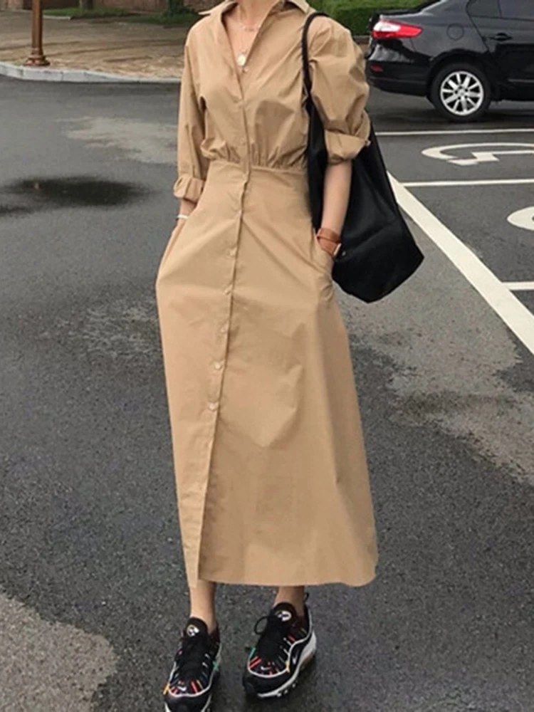 LANMREM Retro Designer Dress For Women Solid Color Lapel Single Breasted Puff Sleeves Dresses Female Clothing 2024 New 2YA1148