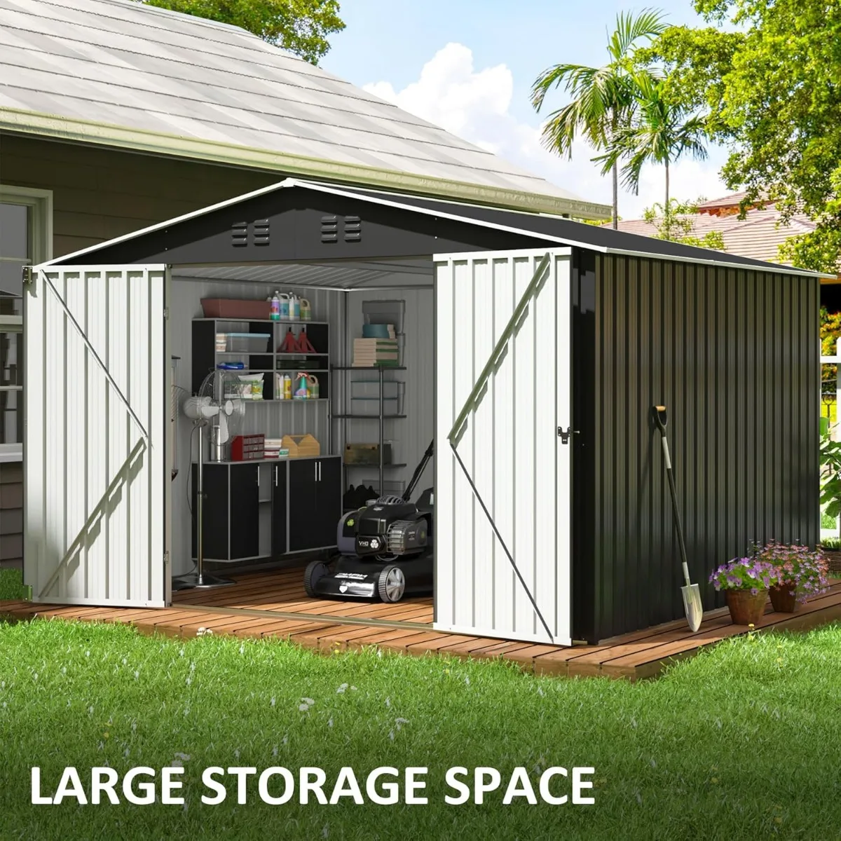 10x8 FT Outdoor Storage Shed, Large Garden Shed with Updated Frame Structure and Lockable Doors, Metal Tool Sheds