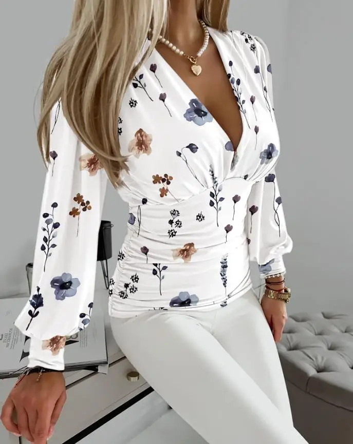 

Flower Print Deep V-Neck Lantern Sleeve Shirt Autumn Women's Slim Fit Commuting Elegant Waistband Long Sleeved Chiffon Shirt