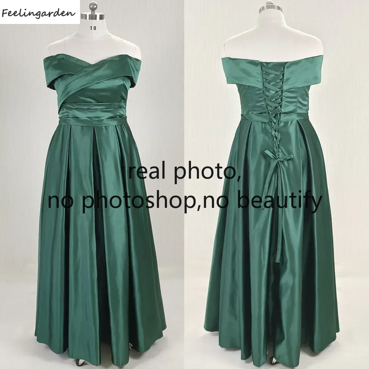 

Feelingarden Вечерние платья больших размеров на заказ, зеленые атласные вечерние платья трапециевидной формы с открытыми плечами длиной до пола, вечерние вечерние платья