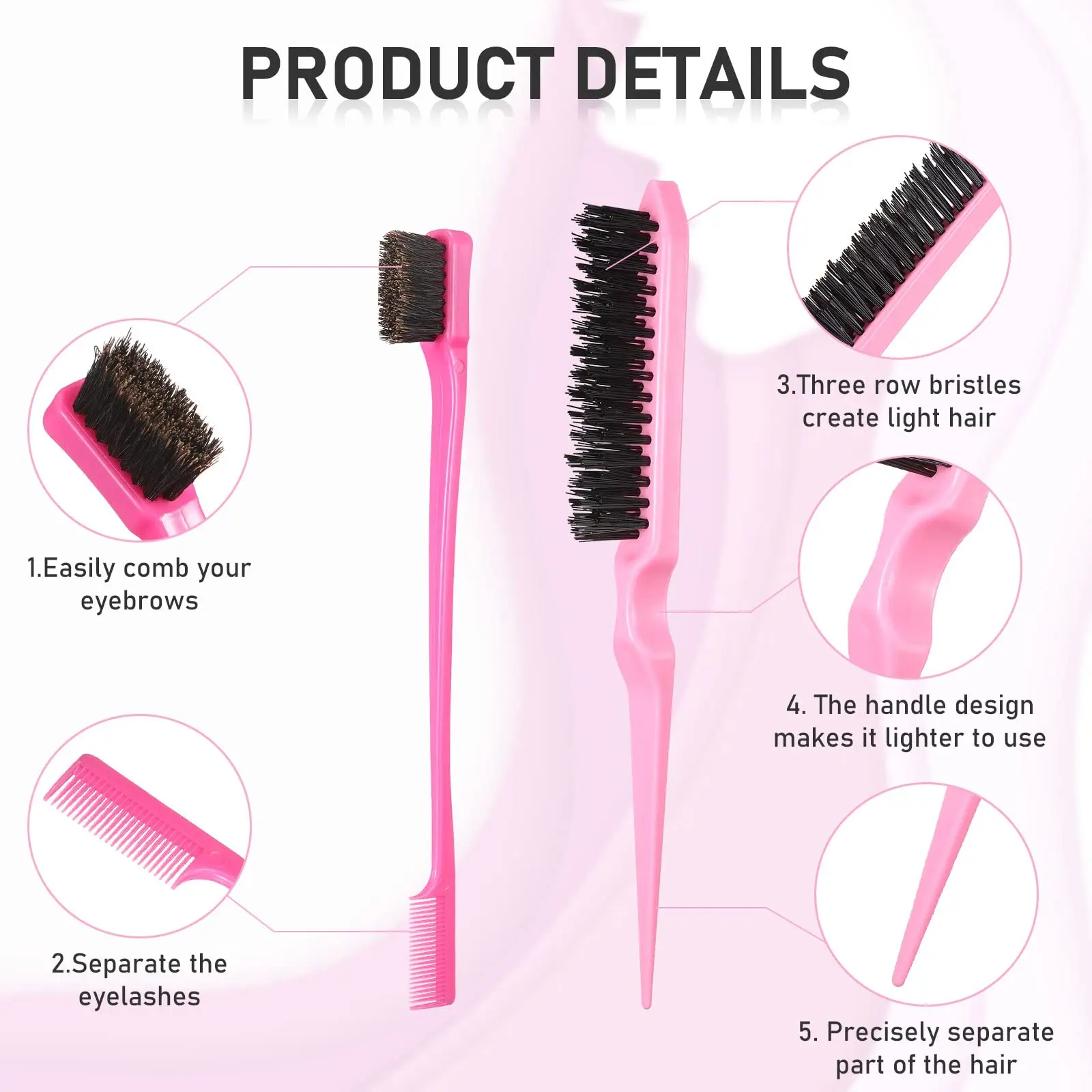 7 Pieces Hair Brush Set, Nylon Teasing Hair Brushes 3 Row Salon Teasing Brush, Double Sided Hair Edge Brush Smooth Comb Grooming