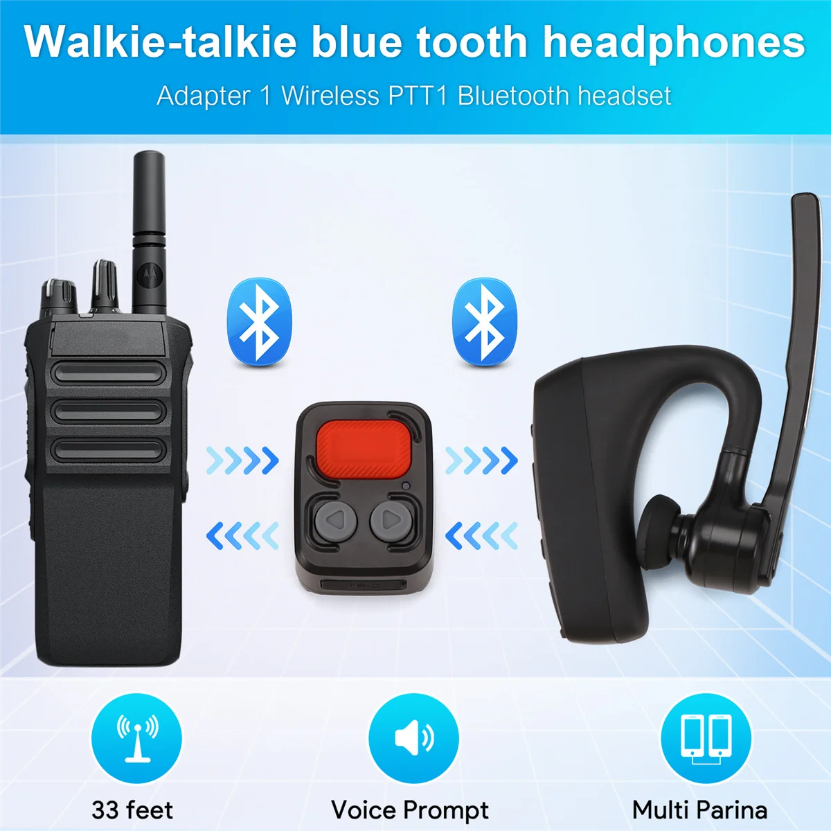 Walkie Talkie Bluetooth Earphone with M Plug Adapter Wireless PTT Remote Control for Restaurant Hotel YDH