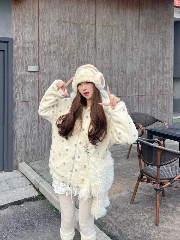 

Белое утепленное хлопковое пальто с меховым воротником в горошек, женское зимнее пальто свободного кроя в корейском стиле, с длинными рукавами, на молнии