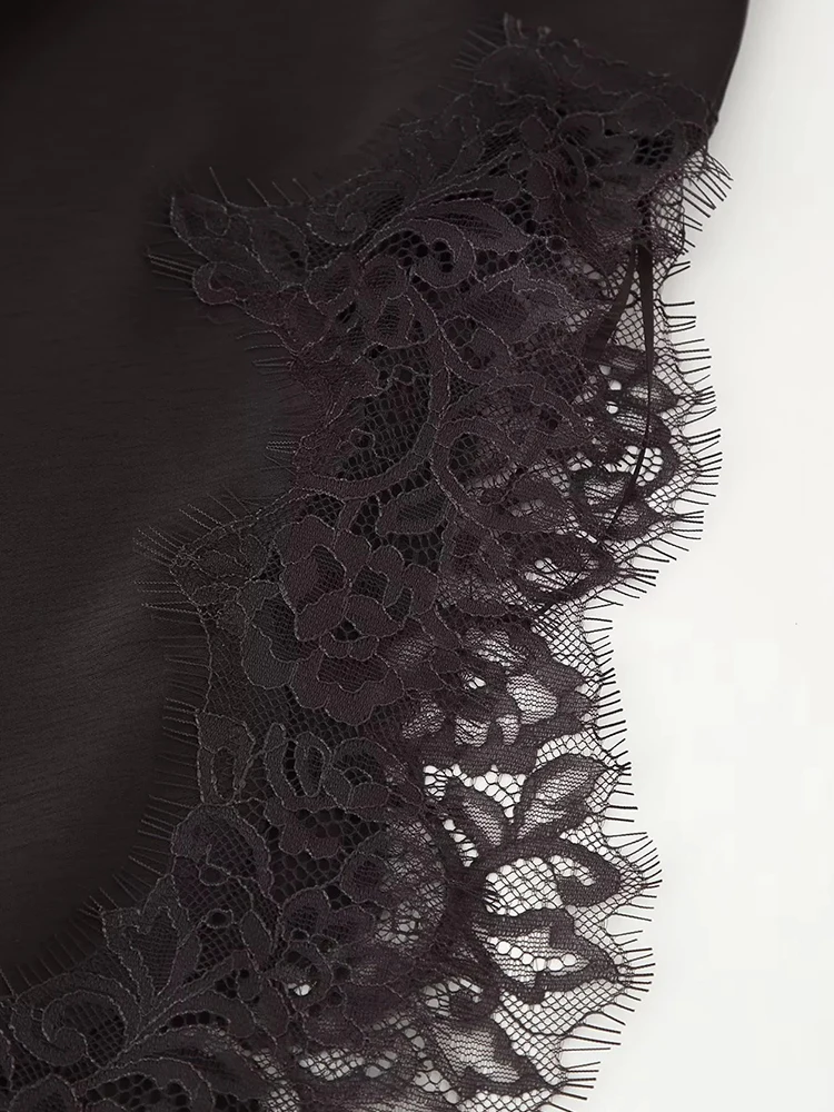 Damska Nowa Seksowna Sukienka z Satyny z Koronkowymi Wstawkami, Czarna Bez Rękawów z Dekoltem w Serek, Luźna Sukienka na Wakacje, Imprezę, do Klubu, Vestidos