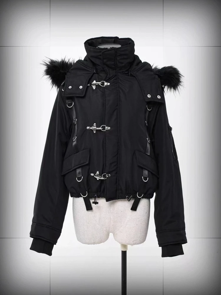 ثقافة فرعية القوطية الأسود الداكن السراويل سترات شتاء جديد 2025 الفتيات الحلو كول موضة الشرير نمط زر معدني معطف مقنع سترة #2