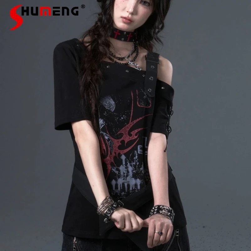 

Streetwear Punk Print Cool Top Tees Shoulder Straps Belt Splicing Loose Casual Short Sleeved T-shirt Women's Dark Black Pullover