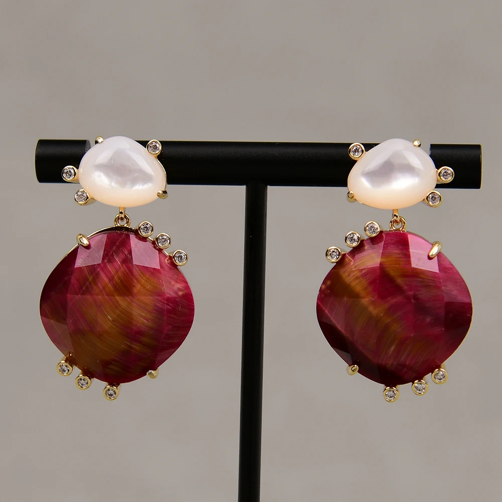 G-G Natural Faceted Fuchsia Tiger eye Mix Color Stone Zircon Paved Gold Edge White Sea Shell Stud Earrings Lady Party Gifts