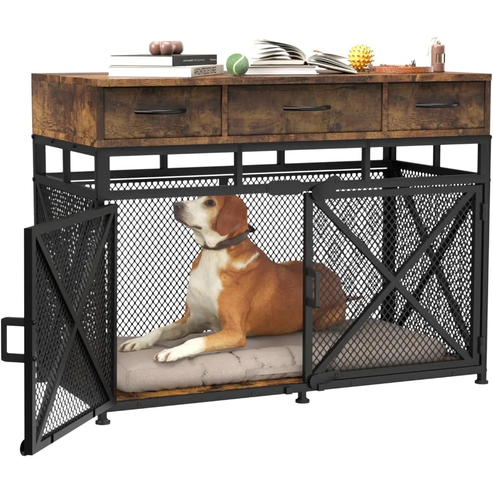 

Masterpiece Dog Crate Furniture, 43.3inch Heavy Duty Dog Kennel With 3 Fabric Drawers And Storage, Dog Crate Side End Table For