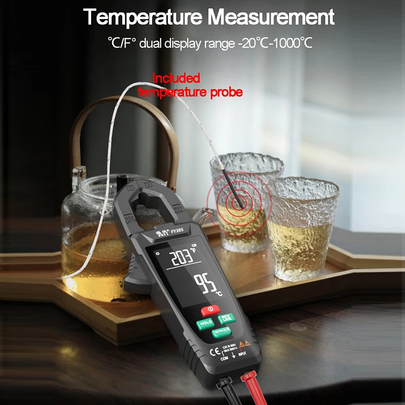 FY385 Clamp Meter Digital Multimeter DC/AC Current 9999 Counts Ammeter Voltage Tester Car Amp Hz Capacitance NCV Ohm Tester