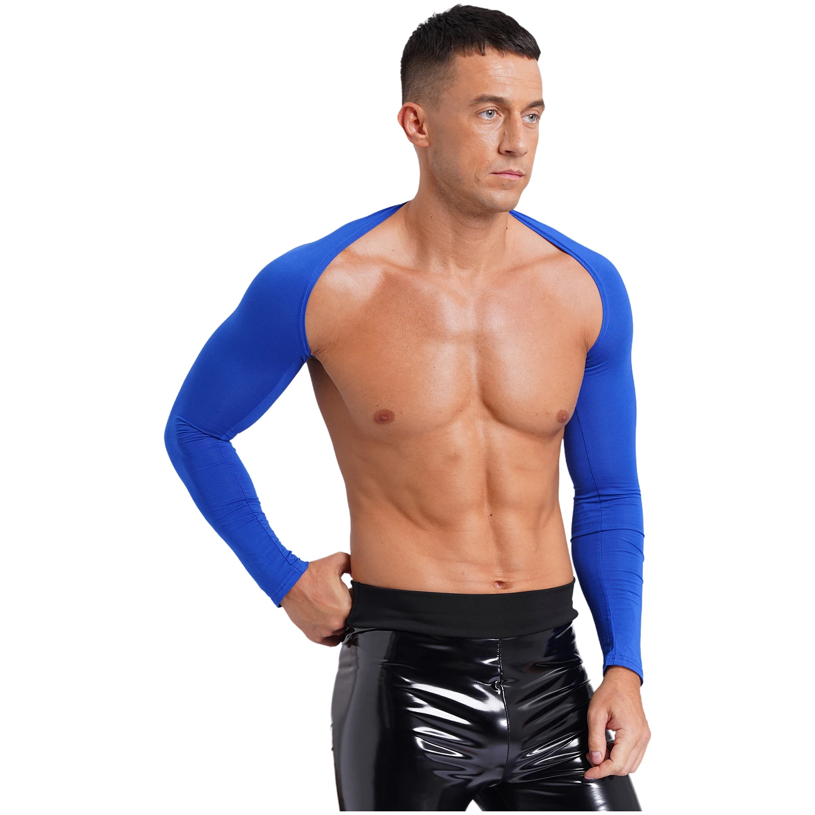 Uomo aperto davanti mezzo Crop Top solido Cardigan manica lunga Bolero Shrug Top maniche braccio muscolare allenamento sport palestra Top Clubwear