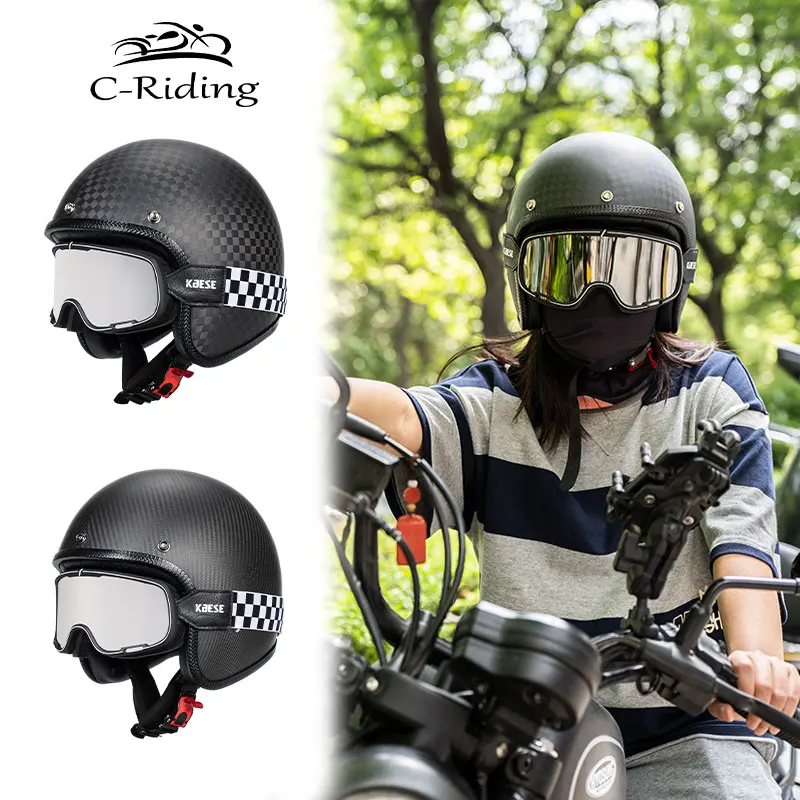 Retro 3/4 Motorcycle Helmets Vintage Jet Helmet Carbon Fiber Open Face Helmet Men Cafe Racer Half Face Helmet Women DOT Cascos