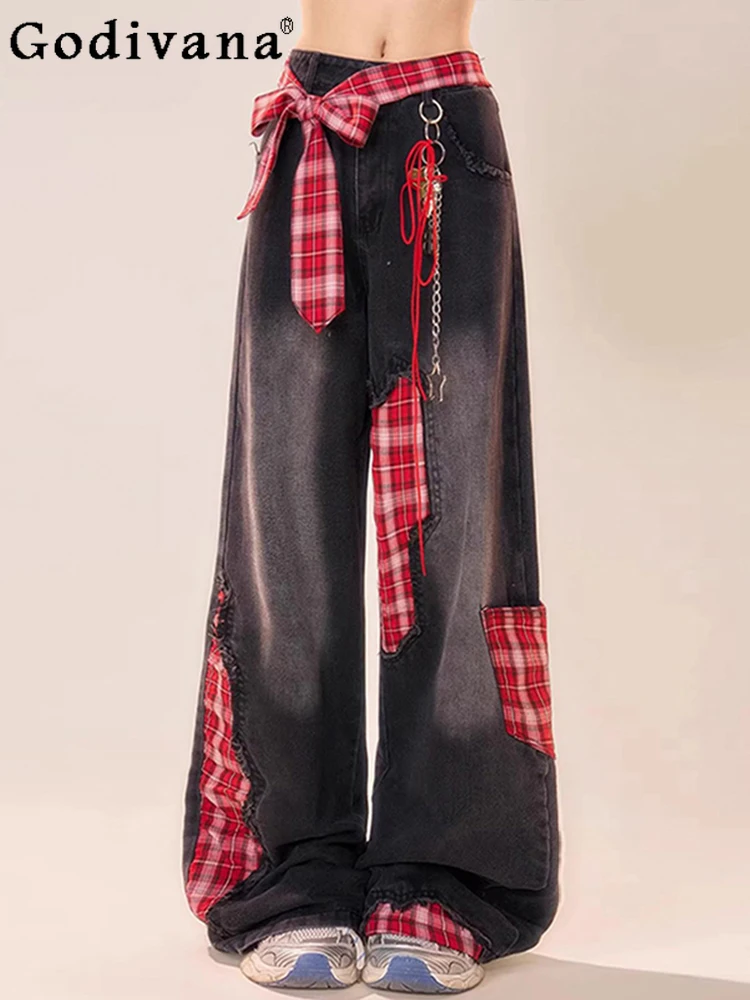 

Korean Large Size Women's Black High Waist Strap Irregular Plaid Splicing Jeans Retro Loose Leisure Fashion Versatile Trousers