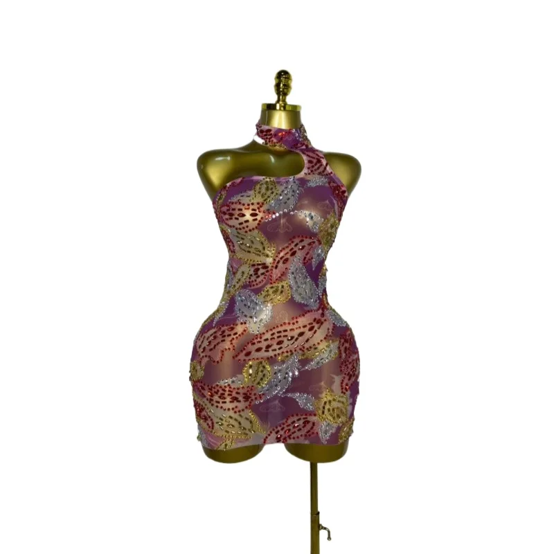 

Sexy Mesh Party Celebrate Birthday Gown Photo Shoot Wear Performance Stage Costume Women Luxury Sparkly Rhinestones Short Dress