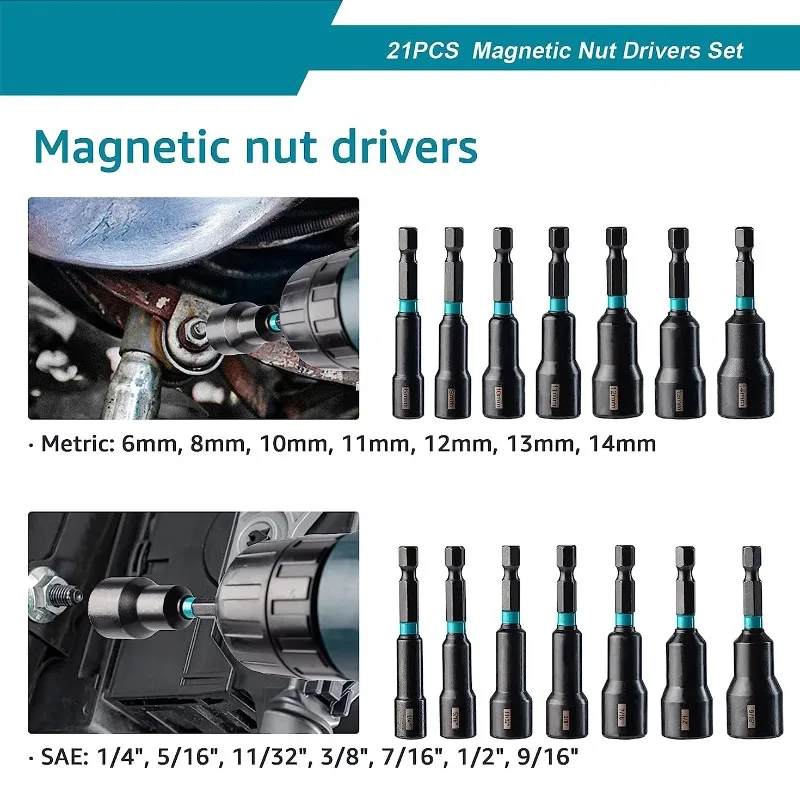 21PCS Magnetic Wind Batch Sleeve 1/4 Hexagon Pneumatic Driver Sleeve Metric Nut Extended Nut Driver