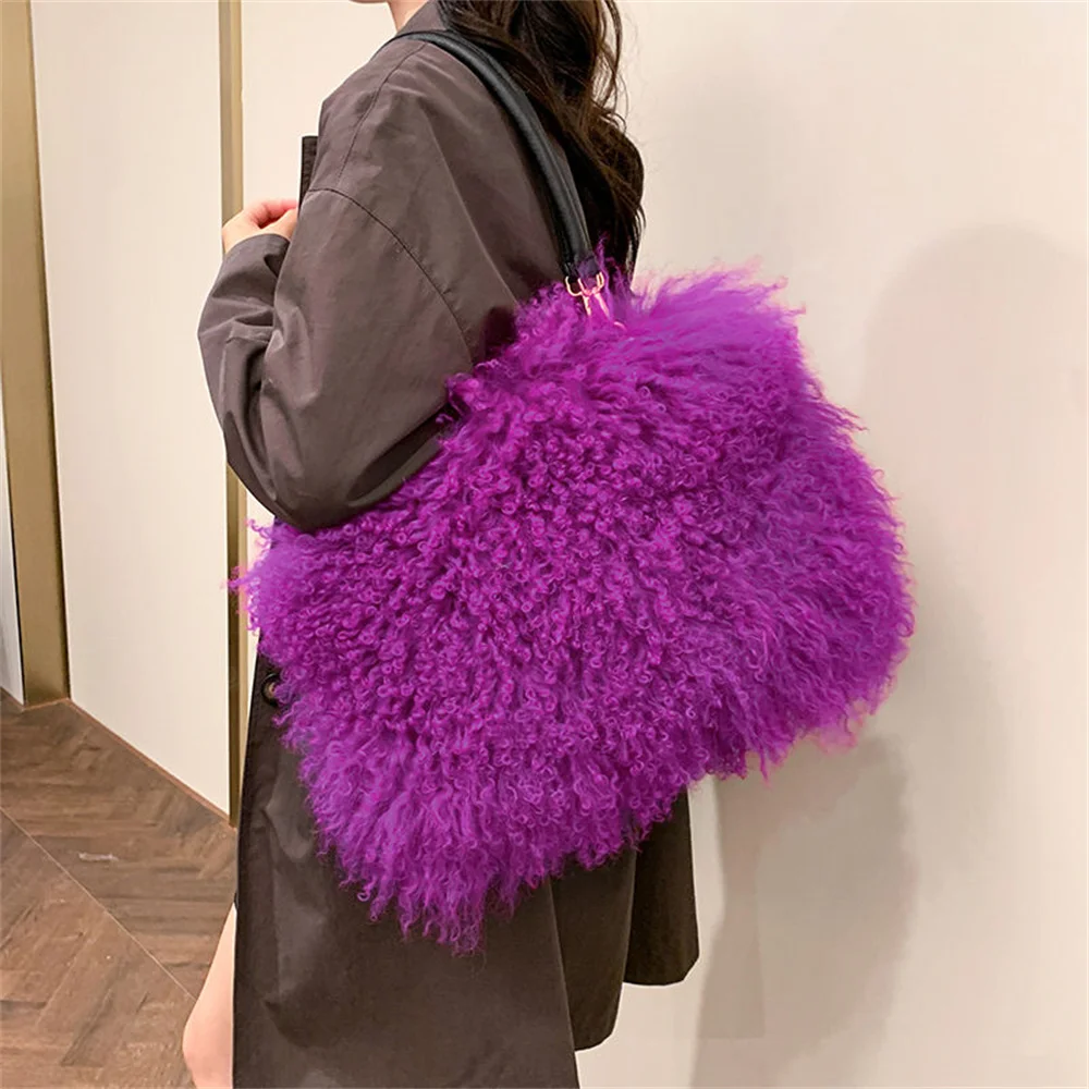 

Genuine Mongolian Wool Shoulder Bags For Women Soft Tibetan Sheep Fur Tote Capacity Mini Tote Bag 2025 Luxury Designer Handbags