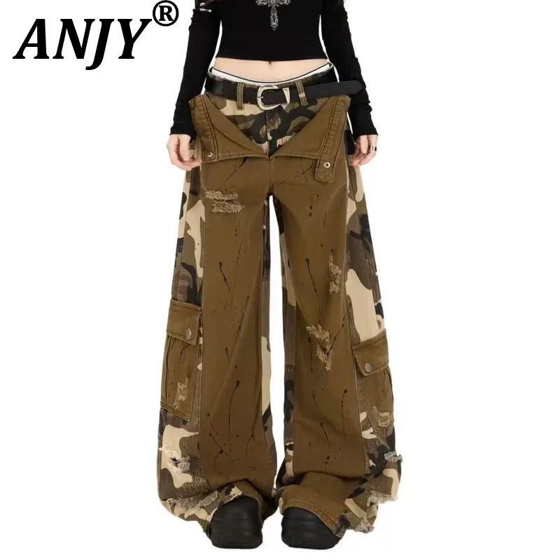 

ANJY, осенние новые женские камуфляжные лоскутные модные джинсы-карго в американском стиле, модные джинсовые брюки с широкими штанинами из двух предметов A12047
