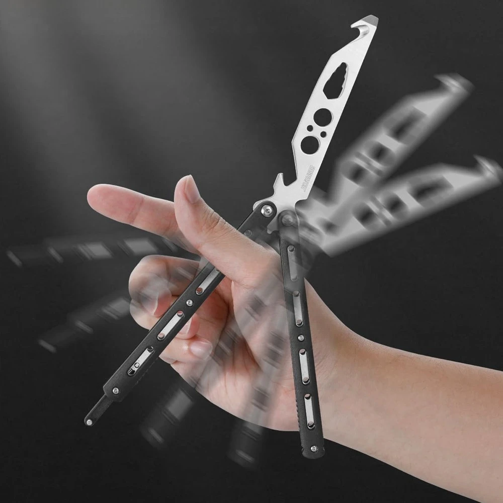 Anfänger-Balisong-Trainer, Schmetterlings-Übungsmesser, ungeschärft, sicheres Kammklingen-Umdrehspielzeug zum Erlernen von Tricks und Fähigkeiten – Detail 11