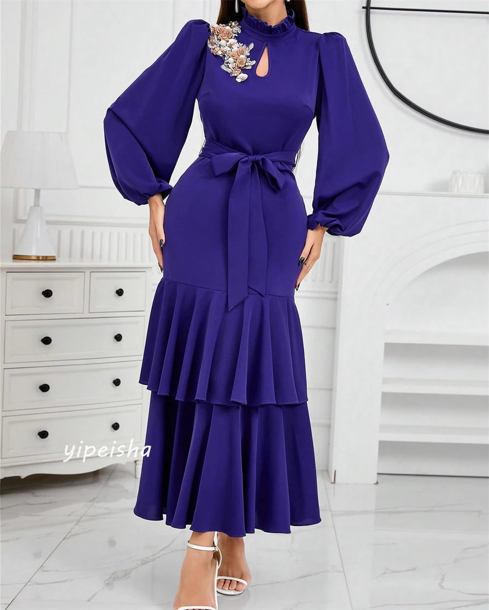 Robe de soirée froncée à fleurs en jersey, robes mi-longues pour occasions formelles, robe de RhA-Line, col haut, perlage sur mesure