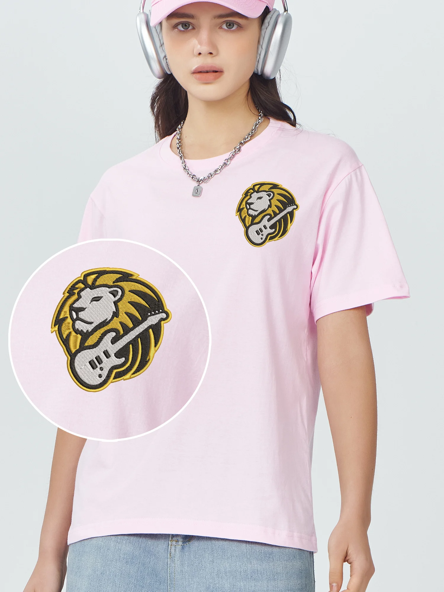 Lion Guitar Embroidered T Shirts for Men HipHop Rock Lion Embroidery Tshirt Luxury Cute Animals Embroidered T Shirt Best Gift