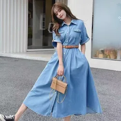 Imitation Denim Dress for Women Vintage Short Sleeve Single Breasted Slimming A-line Shirt Dresses with Belt