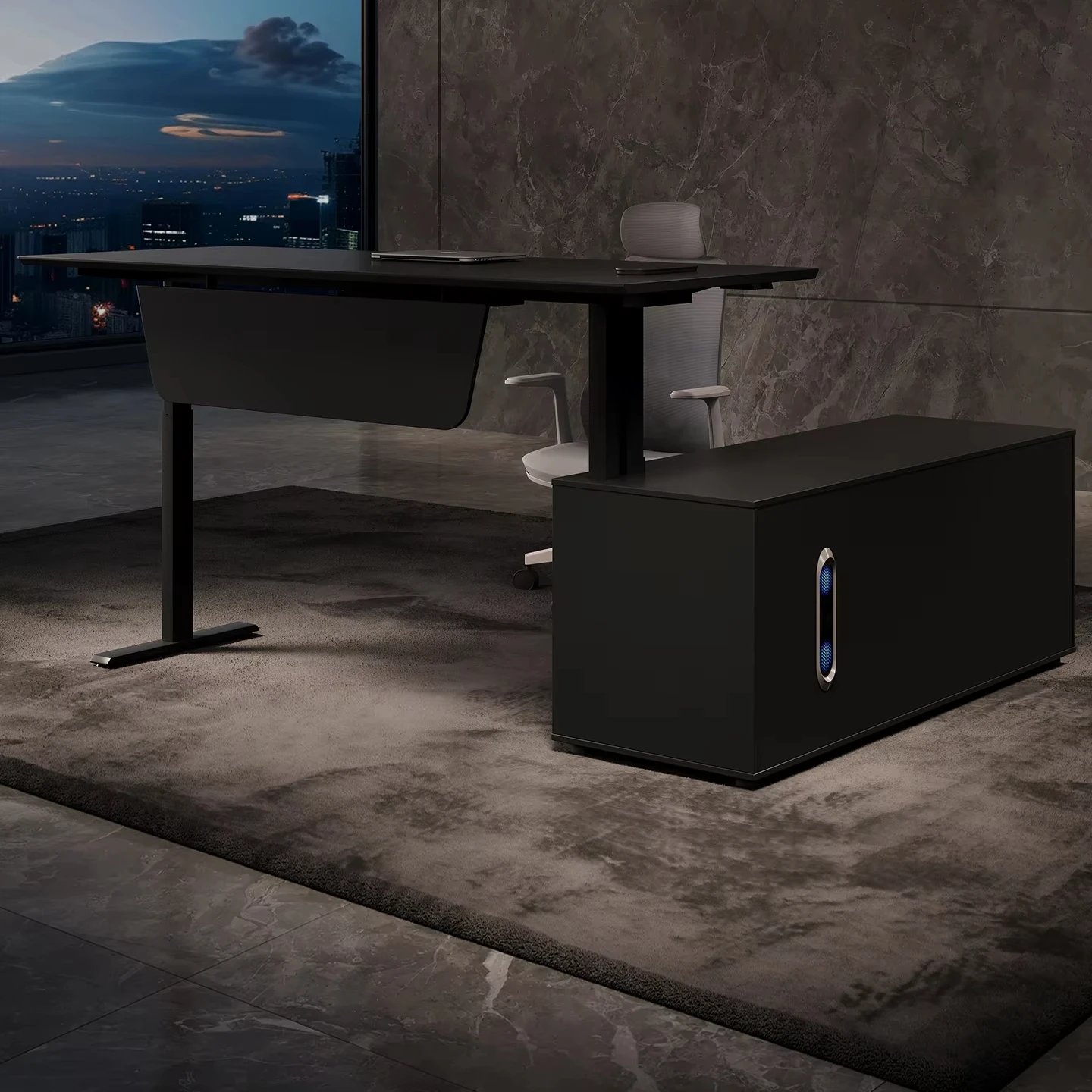 xx-Modern L-shape Executive Standing Electric Lift Desk with Cabinet Modular Design for Home & Office Use*