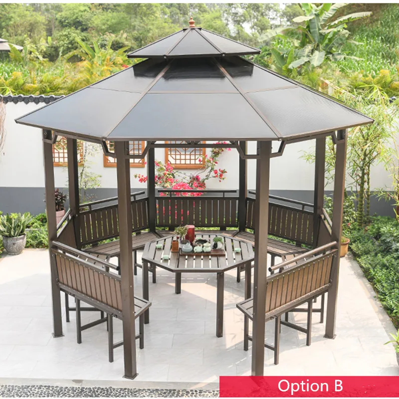 Dia 3.5meter Octagonal Pavilion Outdoor Gazebo Patio pergola Galvanized steel PC Hardtop Sun Room Carage Shelter dark brown New