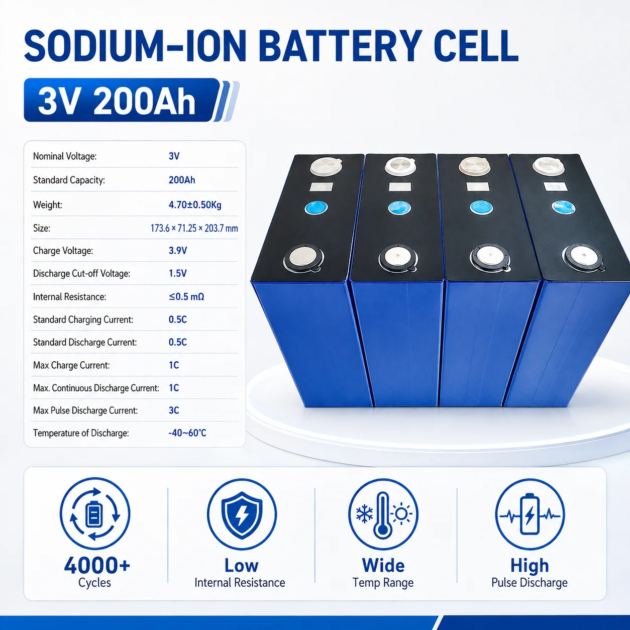 HAKADI 3V 200Ah Sodium Ion Battery Cell Na-ion Rechargeable Cell Low Temperature 4-16PCS for Solar Energy Storage RV Boat