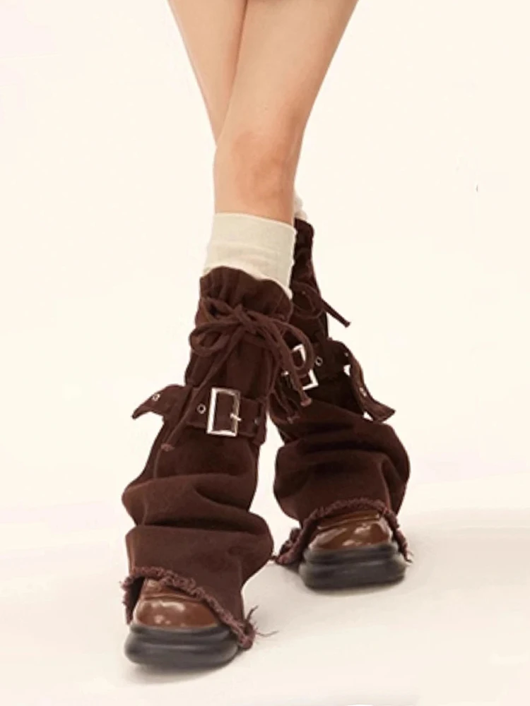 IMU Raw Edge Denim Leg Warmers Women Western Brown Plain Bandage Knee Long Socks Boots Covers Cowgirl Retro Streetwear