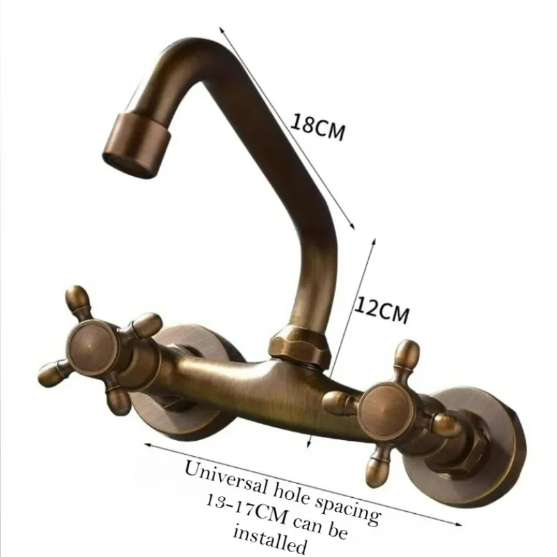 

Wall Mounted Antique Brass Bathroom Faucet 360 Rotation Spout Hot And Cold Sink Shower Room Basin Faucet