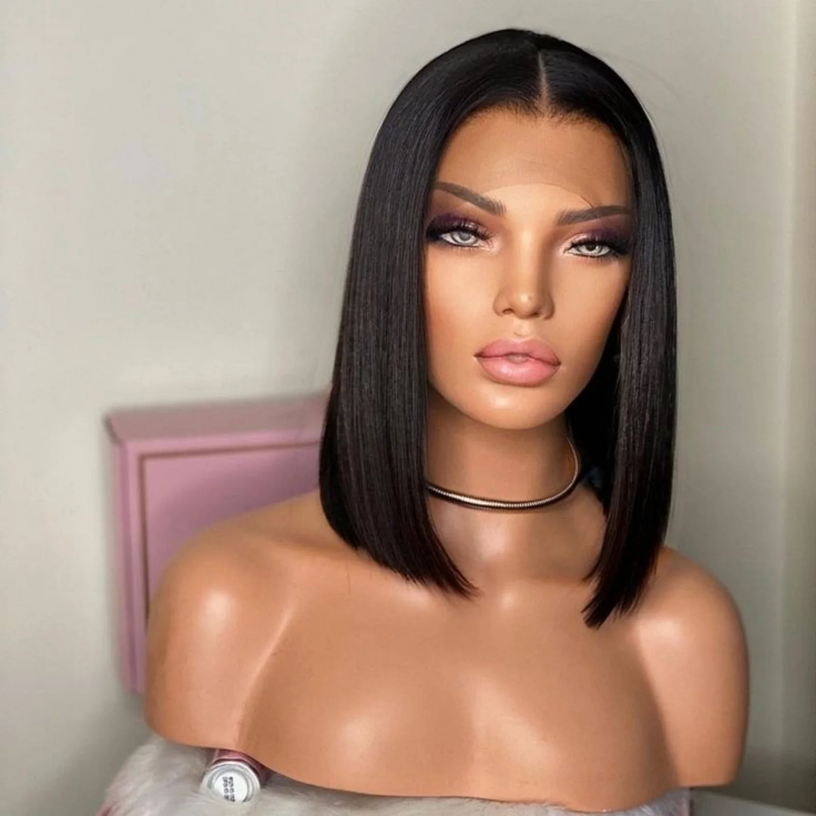 Peluca de cabello sintético con encaje Frontal para mujer, sin pegamento pelo negro, corte Bob corto, recto, fiesta