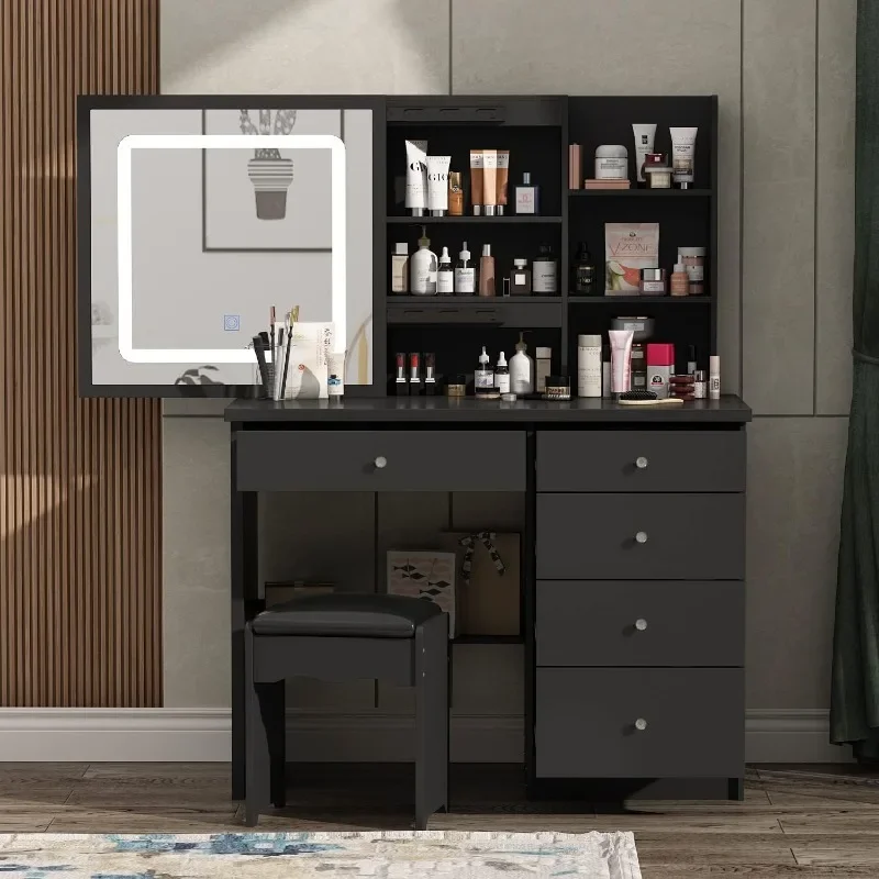 AGOTENI Large Vanity Table Set Makeup Vanity Dressing Table with Mirror, Drawers & Shelves, Dresser Desk and Cushioned Stool Set
