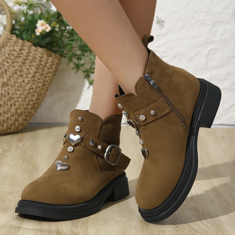 Fashion Metal Decor Ankle Boots for Women shoes lady belt Buckle Chunky Heel Combat Boot Woman Thick sole Faux Suede Boots Women