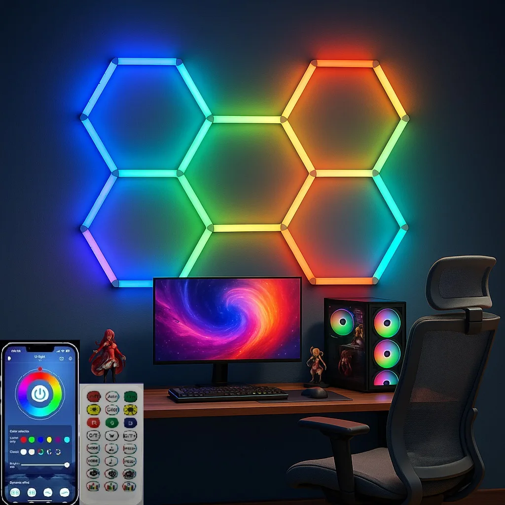 Sześciokątna lampa sufitowa LED z otworami, zmieniająca kolor RGB, szeroki zakres napięć 85-265V, do garażu, salonu, bistra, dekoracji domu.