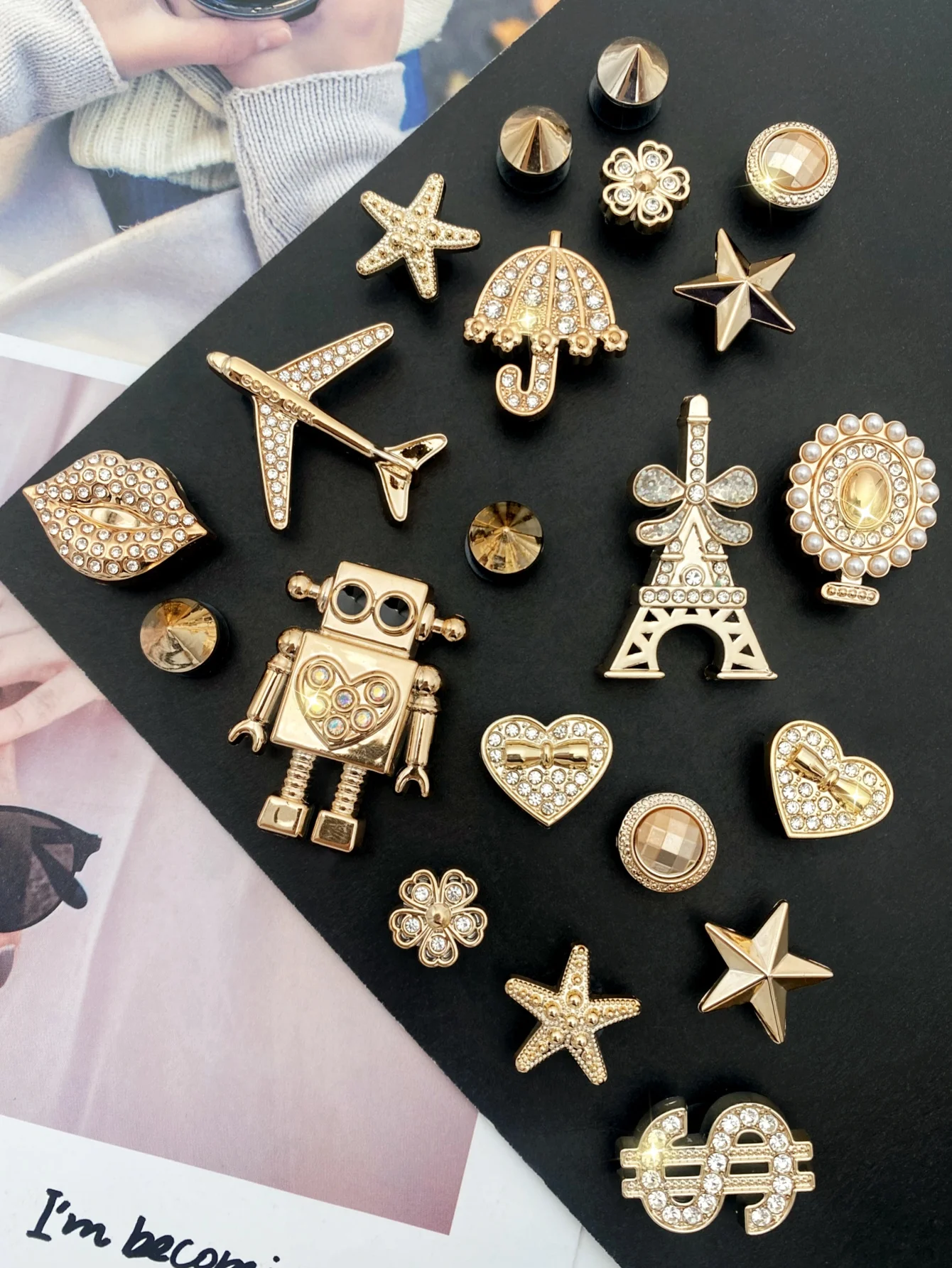 21 قطعة من الروبوت الذهبي، طائرة ماسية نقطية، شفاه، مظلة، قلب، مرآة لؤلؤ ABS، برج فلاش ناعم، نجم البحر، زهرة، فاي #6