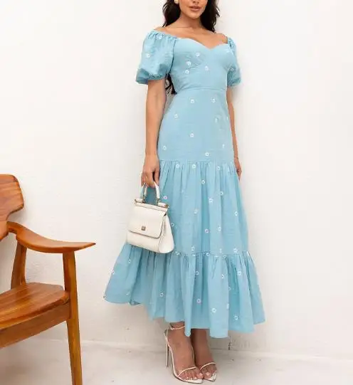 Abito con maniche a palloncino con stampa geometrica e collo singolo per donne estive, abito a trapezio alla moda ed elegante, vestibilità slim e che abbraccia la vita