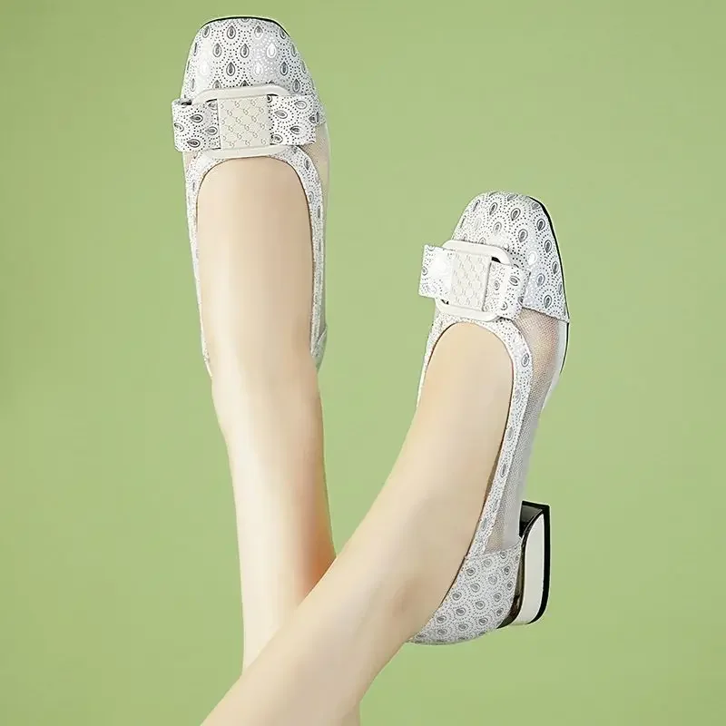 

With Bow Block Heel Shoes for Women Woman Pumps Round Toe Chunky Heels on Promotion Wholesale Fashion Stylish Chic and Elegant