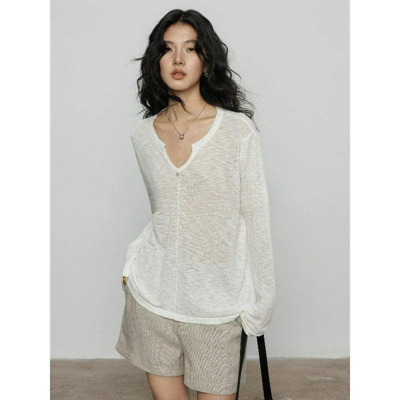 

2026 Spring New Fashion Casual Commuting Top V-neck Long-sleeved Loose and Laid-back Style Sun Protection Thin Smock for Women's